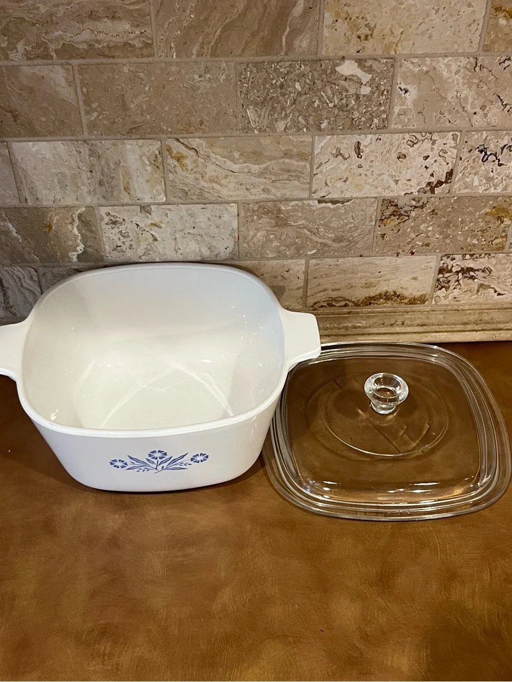 Corningware White Casserole with Blue Cornfloweri Motif and Glass Lid